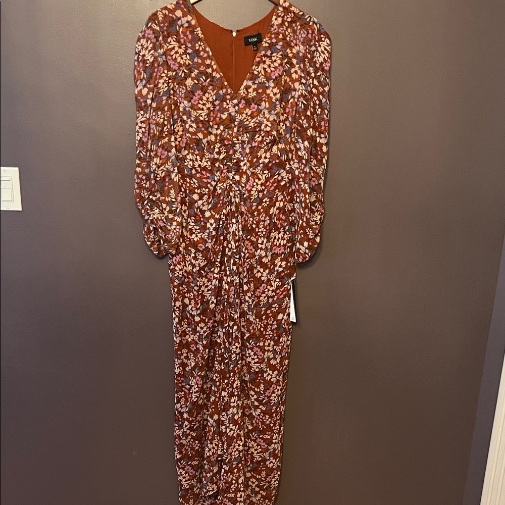 MSK Women's XL Rust Feminine Floral Dress with 3/4 length sleeves NWT - Picture 2 of 7